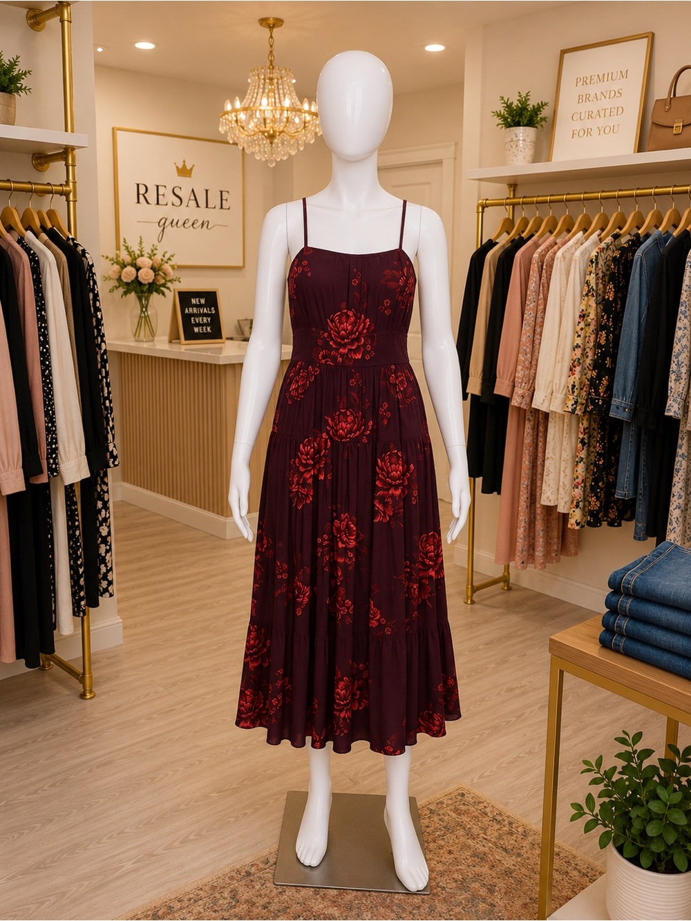 NWOT Old Navy Burgundy and Red Floral Spaghetti-Strap Maxi Dress